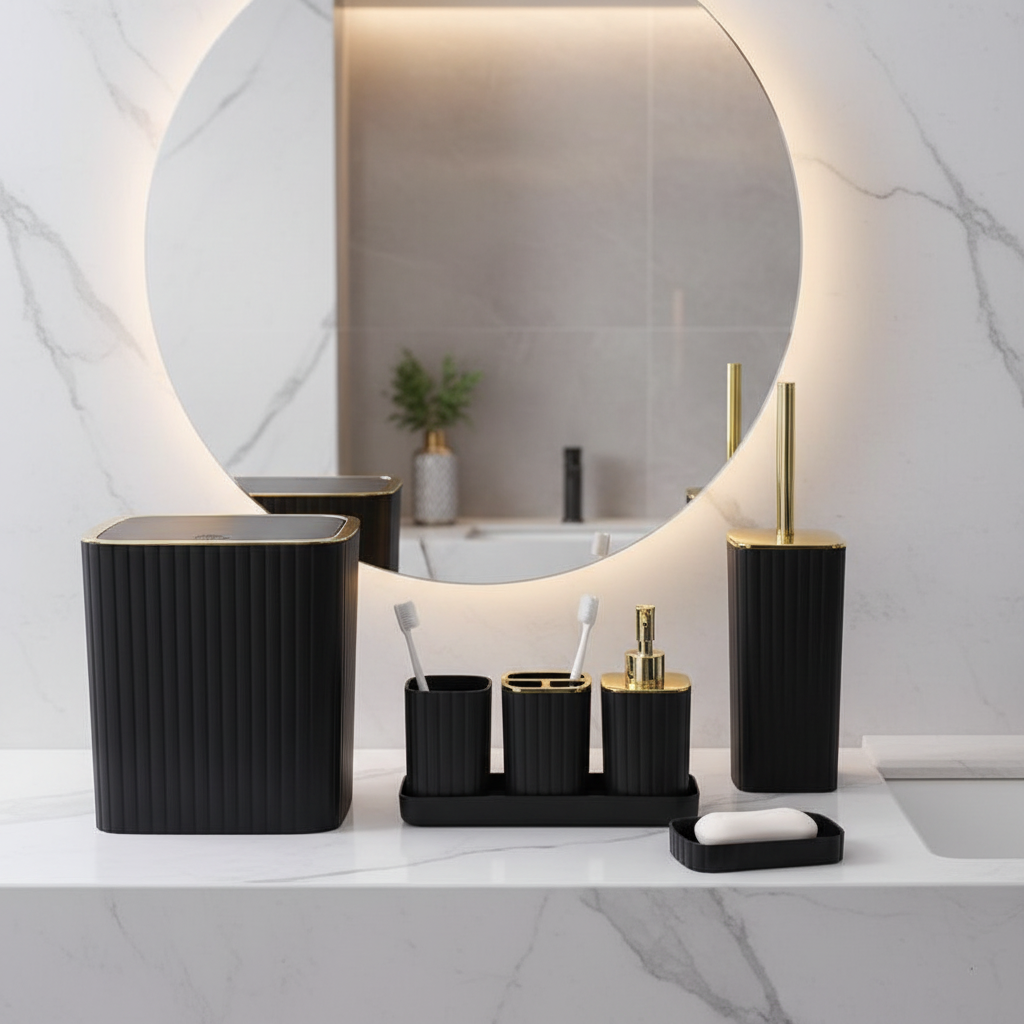 ✨ Set de Bain de Luxe 6 Pièces : L'Élégance Noir Mat & Or à l'Européenne !