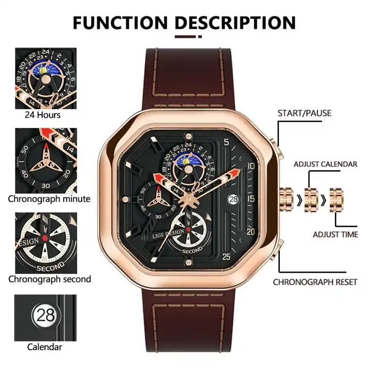 Montre Chronographe Homme LIGE 8966 : L'Élégance du Cadran Carré et le Confort du Cuir Véritable