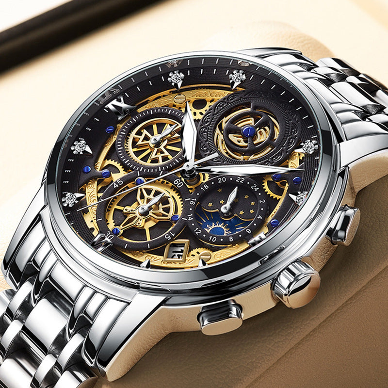Montre de Luxe "Céleste" pour Homme : Cadran Soleil, Lune & Étoiles en Acier Inoxydable