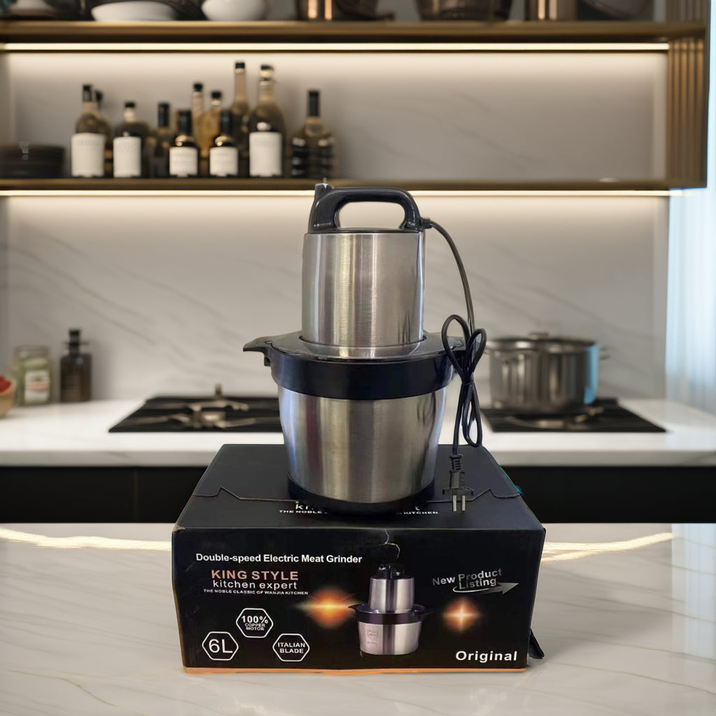 🥩 Hachoir & Mixeur Pro 6L Inox : La Puissance 3-en-1 (Secteur, USB & Piles)