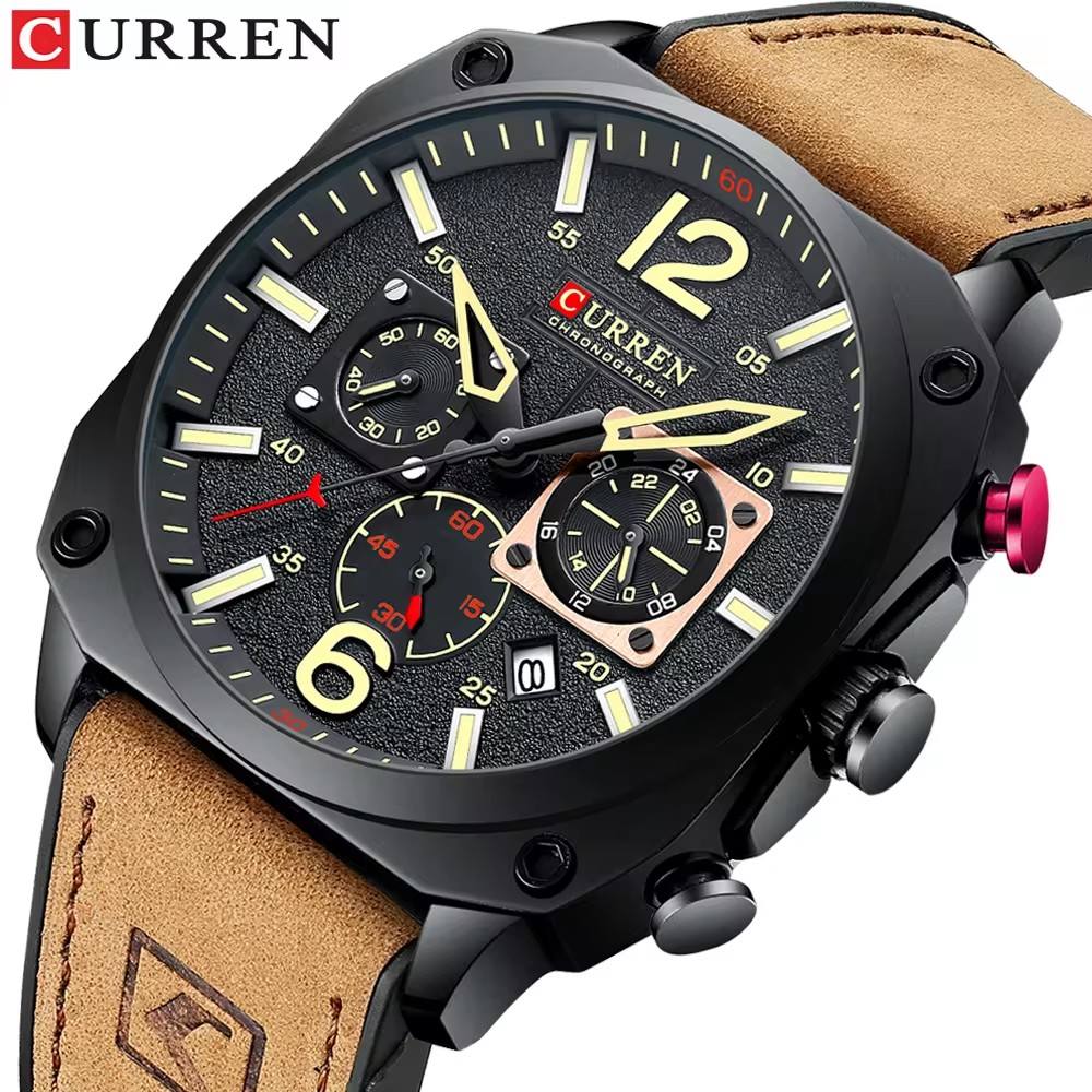 Montre Homme CURREN New 8398 : L'Élégance du Chronographe à Six Aiguilles et Cuir Véritable