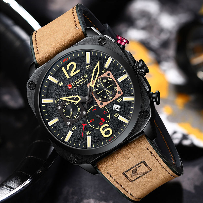 Montre Homme CURREN New 8398 : L'Élégance du Chronographe à Six Aiguilles et Cuir Véritable