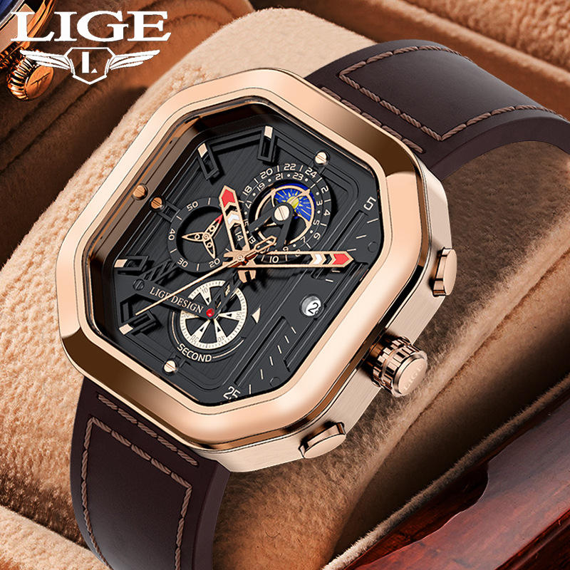 Montre Chronographe Homme LIGE 8966 : L'Élégance du Cadran Carré et le Confort du Cuir Véritable