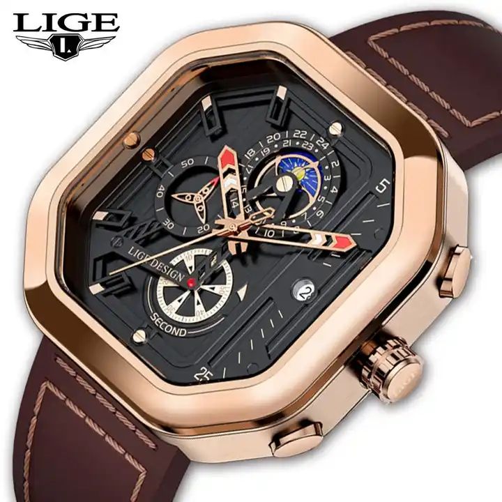 Montre Chronographe Homme LIGE 8966 : L'Élégance du Cadran Carré et le Confort du Cuir Véritable