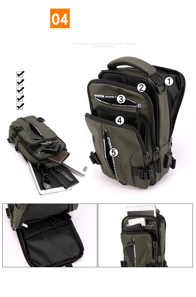 Sac à Bandoulière Multifonction Homme 2026 – Charge USB Intégrée, Nylon Imperméable, Sac à Dos & Sac Banane