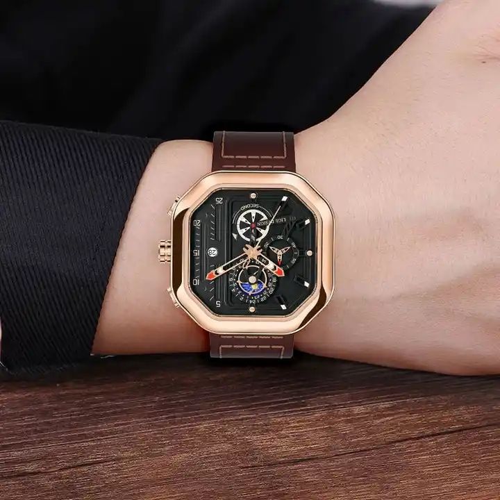 Montre Chronographe Homme LIGE 8966 : L'Élégance du Cadran Carré et le Confort du Cuir Véritable