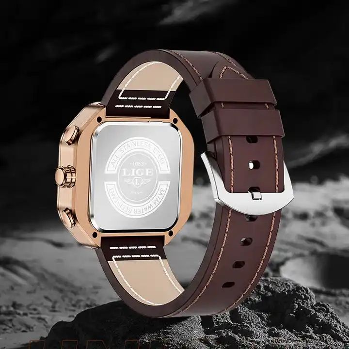 Montre Chronographe Homme LIGE 8966 : L'Élégance du Cadran Carré et le Confort du Cuir Véritable